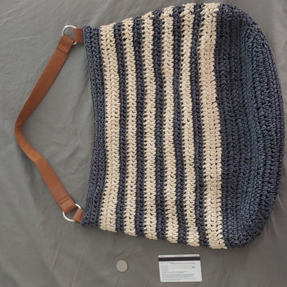 Striped "Straw Studios" Purse, Blue and Cream